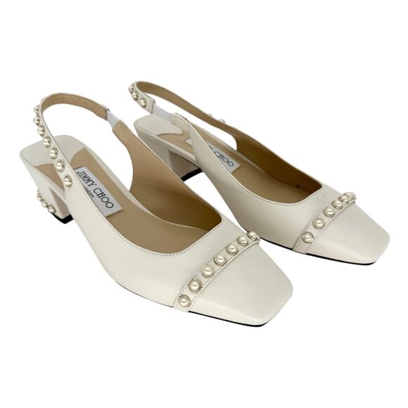 JIMMY CHOO Hya 45mm Faux Pearl Embellished Leather Pumps EU 38.5 US 8.5 Ivory - Picture 2 of 10